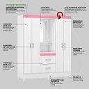Ver imagem 5 de Guarda Roupa Solteiro 4 Portas com Espelho e 2 Gavetas Loanda - Branco/rosa/branco