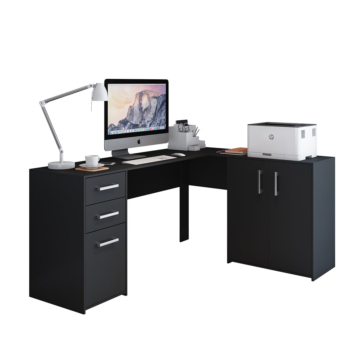 Escrivaninha Mesa para Computador em L Office Denver 2 Gavetas 1 Porta 155cm Cor:preto - 6