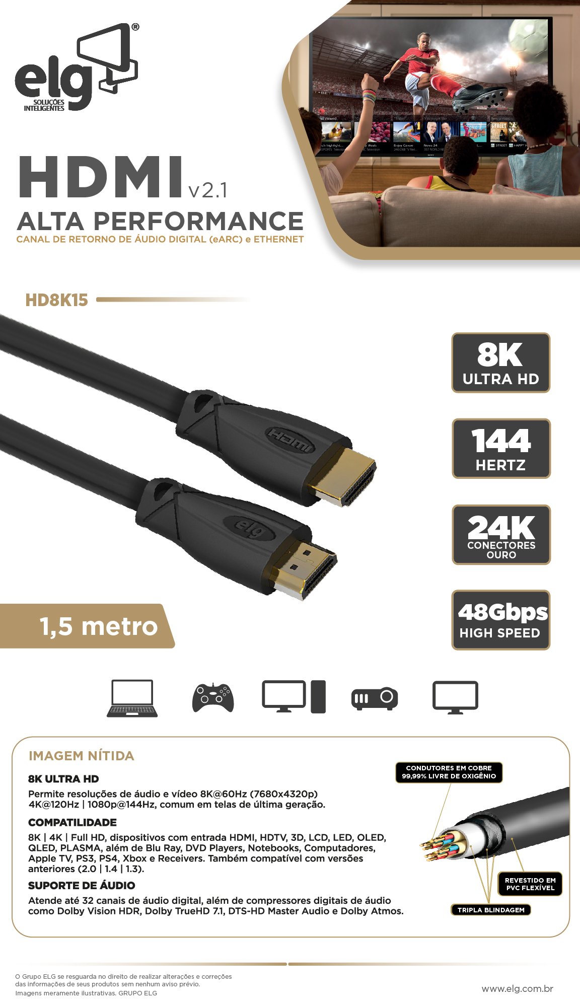 Cabo Hdmi 2.1v 3d Ready 8k Ultrahd Com1,5 Metros - Elg - 4