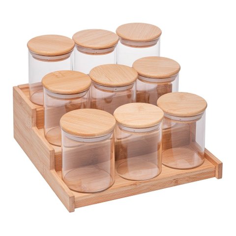 Conjunto Porta Temperos 9 Peças Vidro com Suporte de Bambu Wolff