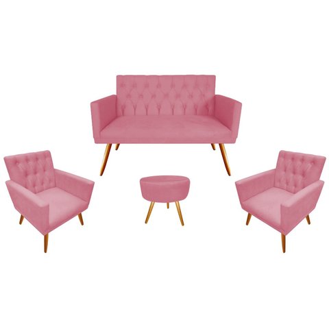 Kit Namoradeira + 2 Poltronas Decorativa Nina Capitonê + Puff Redondo Suede Rosa Pés Madeira Mz Deco