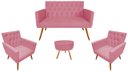 Ver imagem 1 de Kit Namoradeira + 2 Poltronas Decorativa Nina Capitonê + Puff Redondo Suede Rosa Pés Madeira Mz Deco