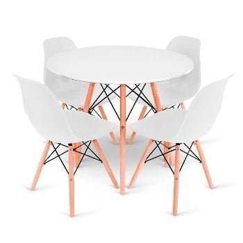 Conjunto de Mesa 4 Cadeiras Brancas Eames Eiffel 90cm Base Madeira Tampo Branco - 3