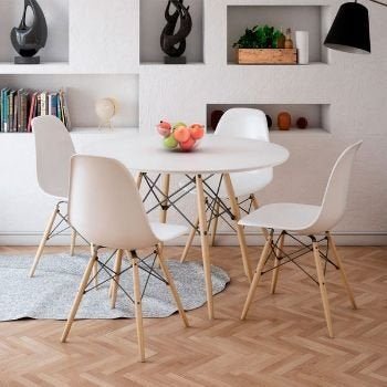 Conjunto de Mesa 4 Cadeiras Brancas Eames Eiffel 90cm Base Madeira Tampo Branco