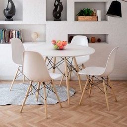 Conjunto de Mesa 4 Cadeiras Brancas Eames Eiffel 90cm Base Madeira Tampo Branco - 1