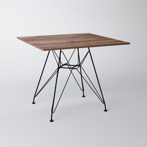 Mesa Eiffel Quadrada 90cm Tampo de Madeira Amendôa com Base de Ferro Preto