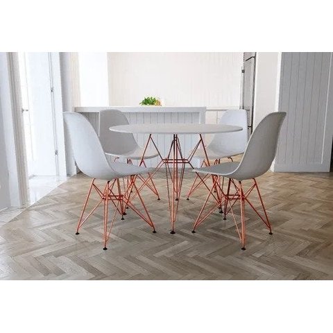 Conjunto Sala de Jantar Eames de Ferro Cobre Tampo Redondo 90cm Branco 4 Cadeiras Brancas