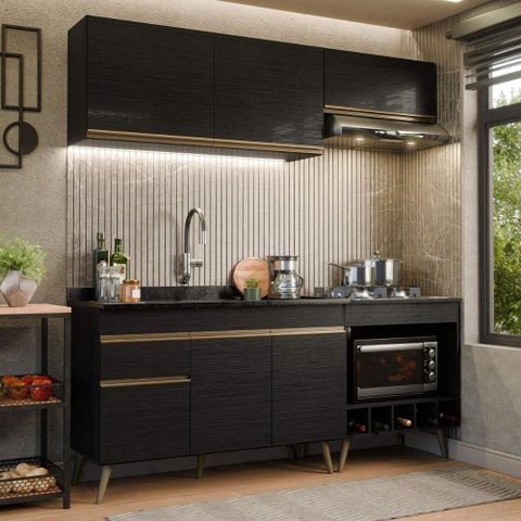 Cozinha Modulada Compacta Florença 6 Portas 1 Gaveta MDP 190cm Preta Multimóveis