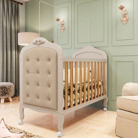 Berço Minicama 3 em 1 com Capitonê 100% MDF Maya Espresso Móveis Bege/Off White/Amêndoa/Corino