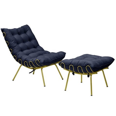 Conjunto Decorativo Poltrona com Puff Abel Base de Ferro Dourada Veludo Azul - Gran Belo
