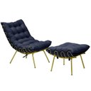 Ver imagem 1 de Conjunto Decorativo Poltrona com Puff Abel Base de Ferro Dourada Veludo Azul - Gran Belo