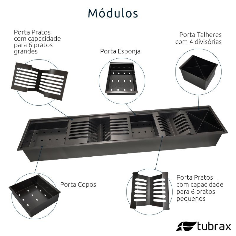 Canal Calha Organizador Úmida de Cozinha Preto Aço Inox 304 com 5 Módulos - Tubrax - 5