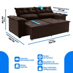 Sofá Compact 150Cm Retrátil, Reclinável com molas Espirais 5 Posições Marrom - 3