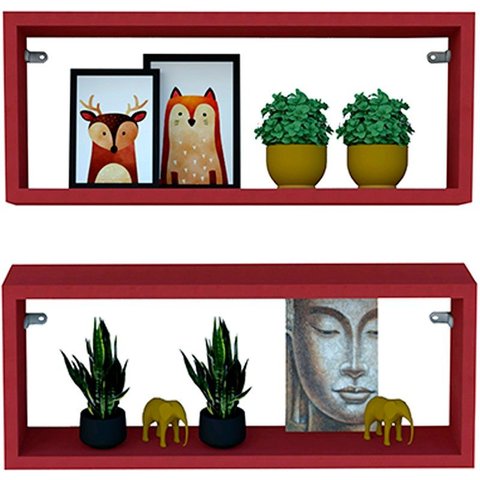 Kit 2 Nicho Retangular Vermelho 50x15x10p Mdf Decorativo