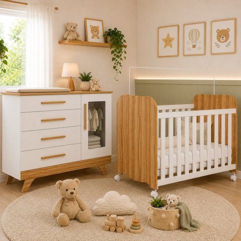 Kit Berço Uli Cômoda Retrô Infantil Peroba Branco Amêndoa