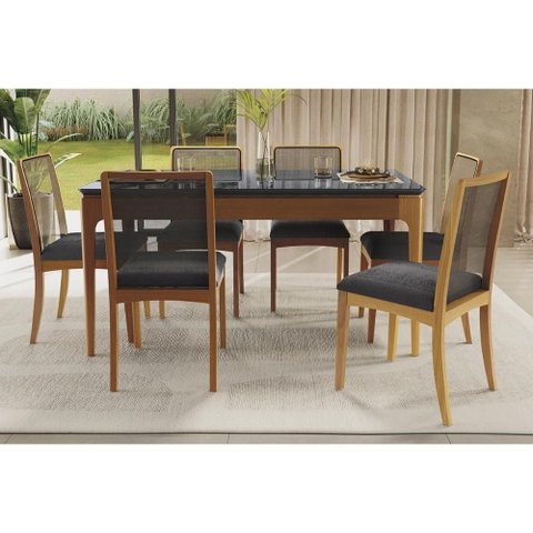 Mesa Cozinha Mira Premium Madeira Maciça C/ Tampo Madeirado C/ Vidro 160x90cm e 6 Cadeiras Lara