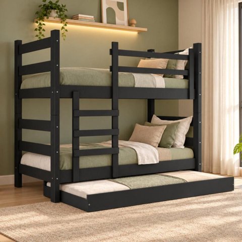 Treliche Madeira Maciça - Vira 2 Camas - para Colchão 78/88x188cm Multimóveis CR35681 Preto