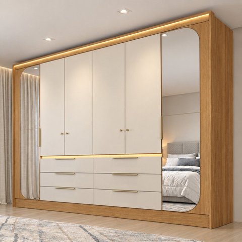 Guarda Roupa Casal 6 Portas 6 Gavetas com Espelhos e LED Lumiere