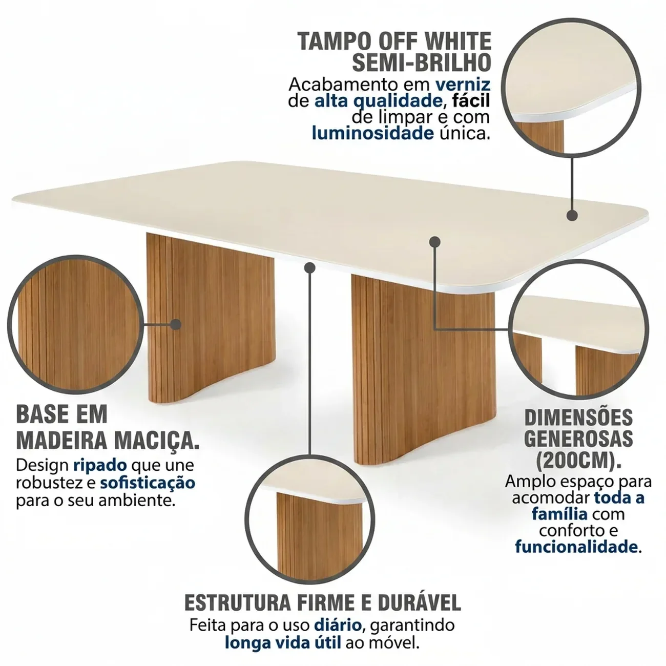 Ver imagem 4 de Mesa de Jantar 200cm em Madeira Maciça Aurora Off White/Castanho