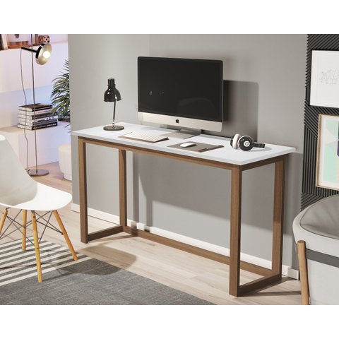 mesa estudo compacta para quarto branco 120CM com pés em madeira natural.