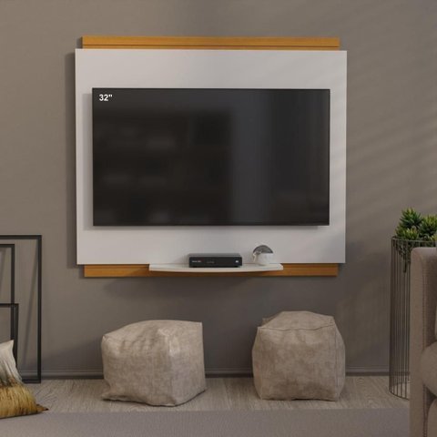 Painel Tv 32 Polegadas com Prateleira Asteca - Branco e Cedro Branco e Cedro