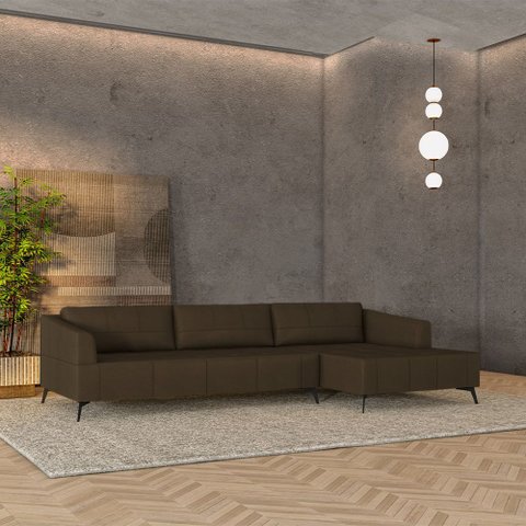 Sofá Bipartido Sala de Estar Kiara 292cm Chaise Direito Pés de Ferro Couro Capuccino G52 - Gran Belo