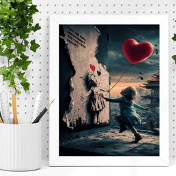 Quadro Arte Menina Balão Coração 45x34cm:moldura Preta - 2