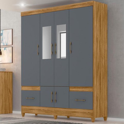 Guarda Roupa Casal com Espelho Ms912 4 Portas 2 Gavetas - Freijó / Off White Freijó / Cinza