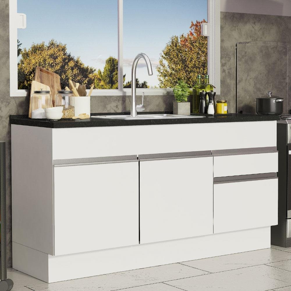 Balcão de Pia Armário de Cozinha 150 cm 2 Portas e 2 Gavetas (Sem Tampo e Pia) Branco Glamy Madesa - 3