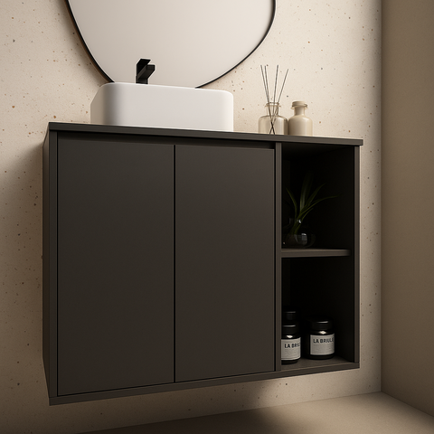 Gabinete de Banheiro Suspenso 70cm 2 Portas 1 Nicho Preto Minimalista