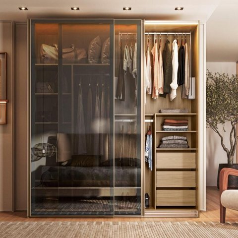 Guarda Roupa Casal 2 Portas Correr Vidro Reflecta com LED 200cm x 55,8cm x 230cm 100% MDF Cor:Olmo