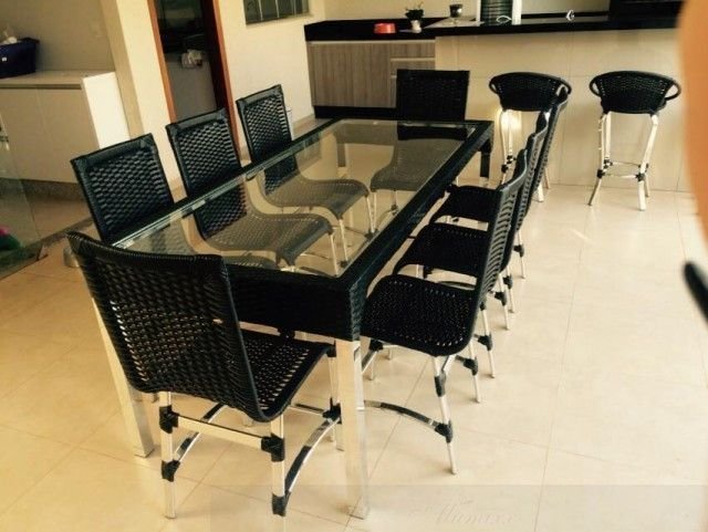 Conjunto de 8 Cadeiras e Mesa de Jantar Haiti em Alumínio para Cozinha, Edícula - Preto