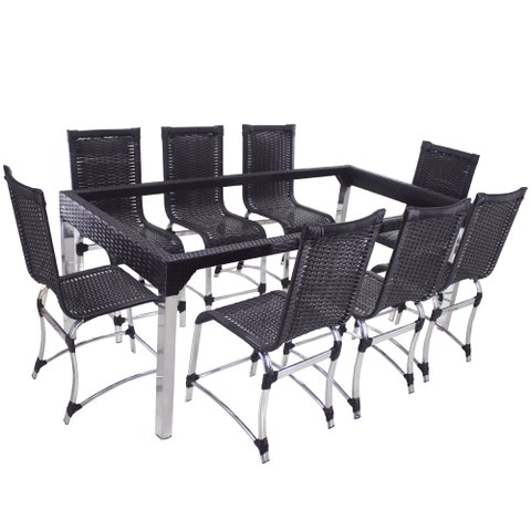 Conjunto de 8 Cadeiras e Mesa de Jantar Haiti em Alumínio para Cozinha, Edícula - Preto