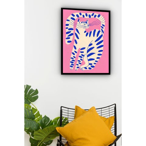 Quadro Decorativo Arte Gato Fundo Rosa - 70x50cm:moldura Branca