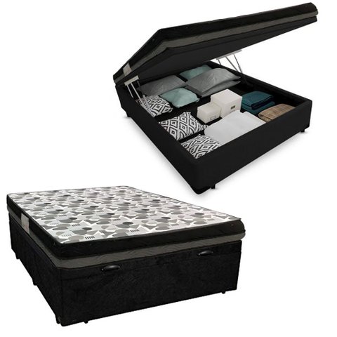 Cama Baú Casal Suede + Colchão Casal Ortobom Iso Dupla Face 60X188X138 Preto