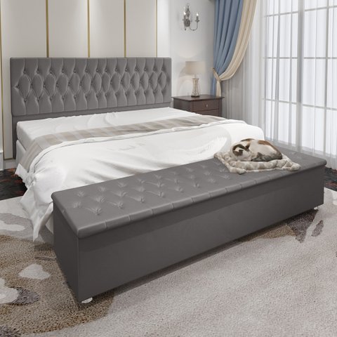 Conjunto Cabeceira Casal e Recamier Baú 1,95m Madrid Suede Cinza Dal Poz Estofados