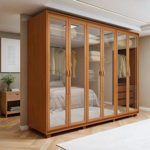 Guarda-Roupa Casal 6 Portas de Vidro Reflecta com LED 270cm Marrom Amêndoa