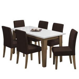 Conjunto de Mesa Sala de Jantar Miami com 6 Cadeiras Trieste Suede 1,60m Cedro/off White/chocolate