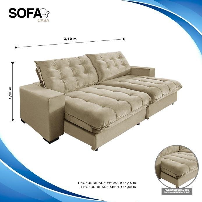 Sofá Califórnia Molas ensacadas e Pillow Top 3,10 Velusoft Bege/Camurça - Sofá Casa - 2