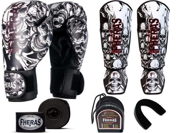 Kit Muay Thai Luva Bandagem Caneleira Bucal Caveira Pro 10Oz - 1