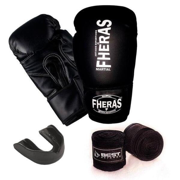 Kit Muaythai Luva+ Bucal + Band 3M - Preto - 16Oz - 1