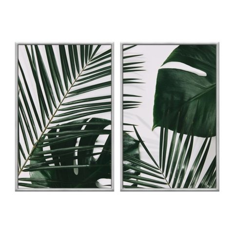 Kit 02 Quadros Decorativos - Folhas de Palmeira Tropical Branca e Verde Flnt029k - Vidro - 40x60cm