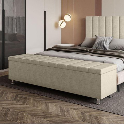 Calçadeira Baú Recamier Estofado Casal 140 Cm Ônix Veludo Bege