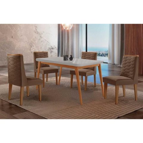 Conjunto: Mesa Sala Jantar Havana Tampo c/ Vidro Curvo 120cm+4 Cadeiras Dafne Madeira Naturale/Off