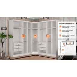 Modulado Closet Completo 9 Portas 6 Gavetas - Linea-branco - Móveis Novo Horizonte - 3 Modulado Closet Completo 9 Portas 6 Gavetas - Linea-branco - Móveis Novo Horizonte - 3