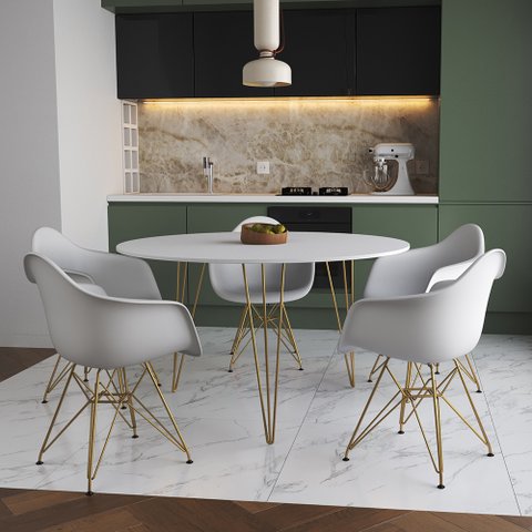Mesa Jantar Redonda 110cm Branca Clips 3 Pés com 5 Poltronas Eames Eiffel Brancas Base Dourada