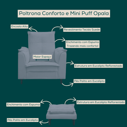 Poltrona Amamentação e Mini Puff Opala Suede Bege Pés Palito - 3