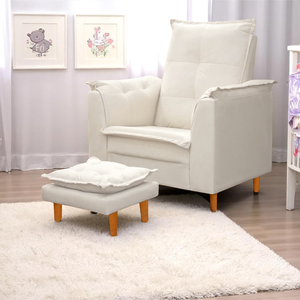 Poltrona Amamentação e Mini Puff Opala Suede Bege Pés Palito