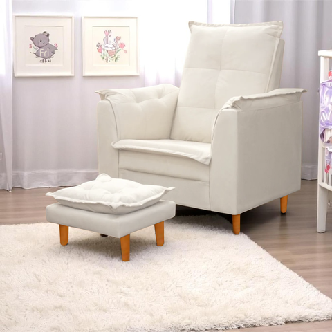Poltrona Amamentação e Mini Puff Opala Suede Bege Pés Palito