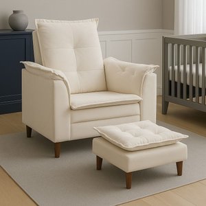 Poltrona Amamentação e Mini Puff Opala Suede Bege Pés Palito